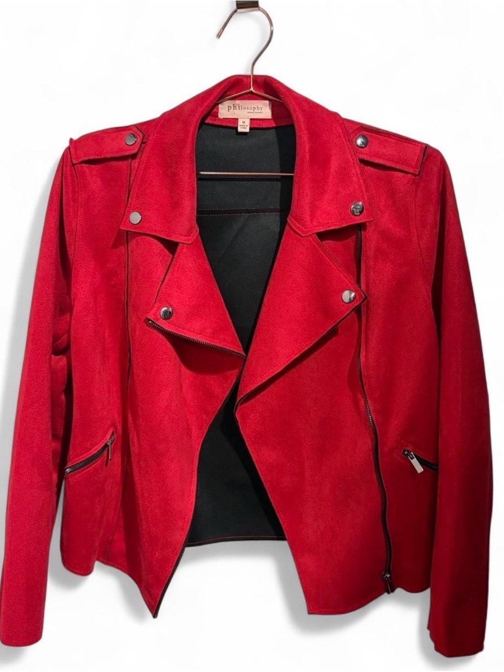 Philosophy Vibrant Blue Red Faux Suede Moto Jacket M Medium blazer